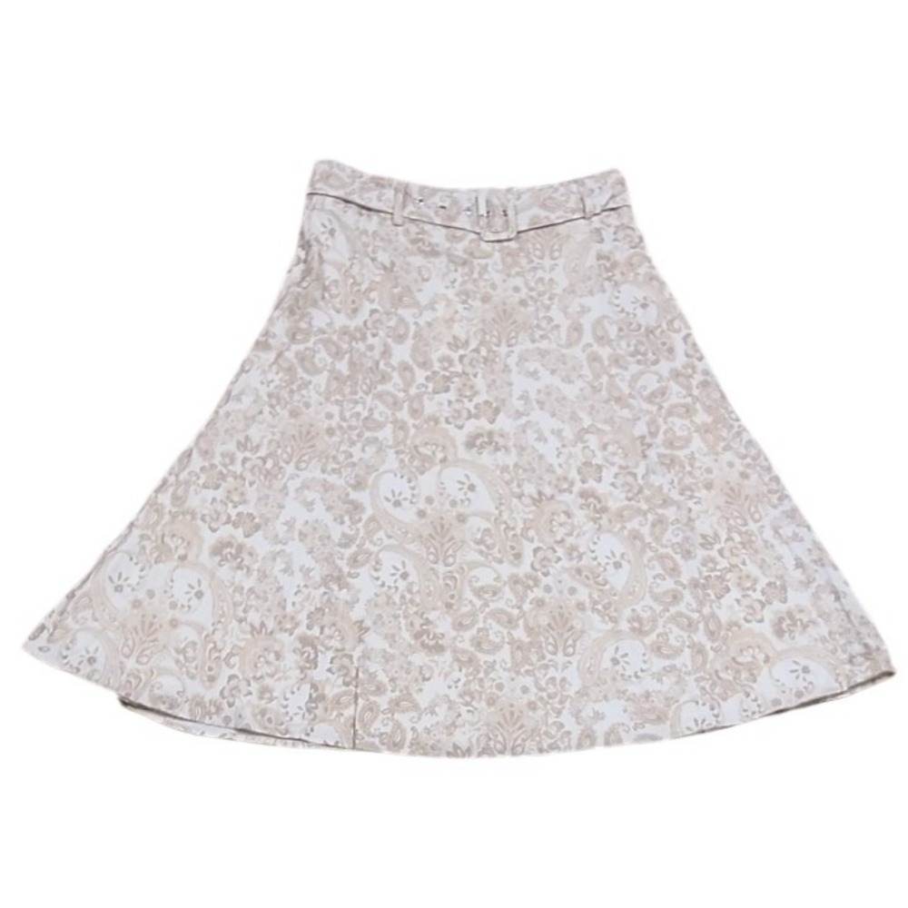 Bagatelle Collection Bone Paisley Linen Blend A-Line Belted Midi Skirt L NEW